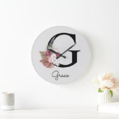 Monogram Roze Boho Girly Floral Initiaal G Grote Klok (Huis)