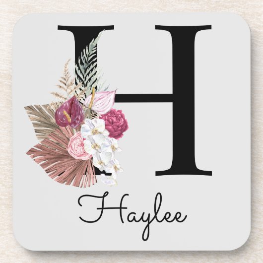 Monogram Roze Boho Girly Floral Initiaal H Bier Onderzetter (Voorkant)