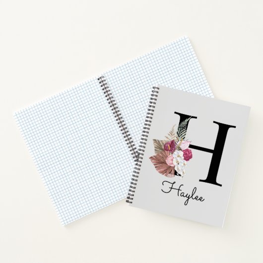 Monogram Roze Boho Girly Floral Initiaal H Notitieboek (Binnen)