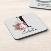 Monogram Roze Boho Girly Floral Initiaal I Bier Onderzetter (Linkerzijde)