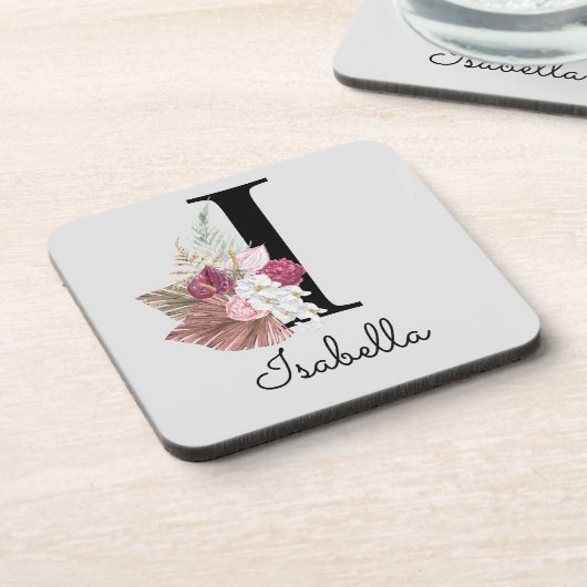 Monogram Roze Boho Girly Floral Initiaal I Bier Onderzetter (Linkerzijde)