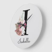 Monogram Roze Boho Girly Floral Initiaal I Grote Klok (Hoek)