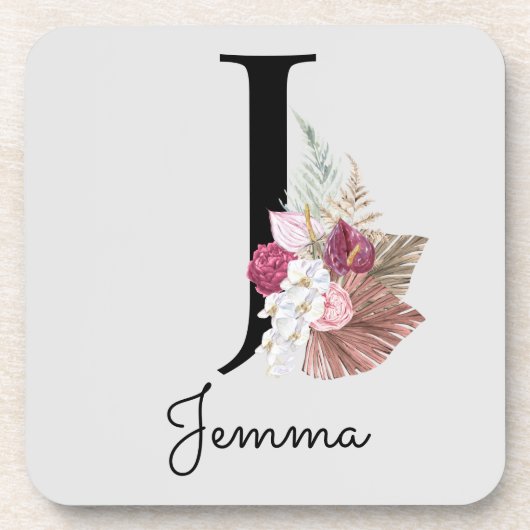 Monogram Roze Boho Girly Floral Initiaal J Bier Onderzetter (Voorkant)
