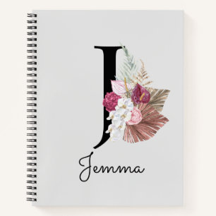 Monogram Roze Boho Girly Floral Initiaal J Notitieboek