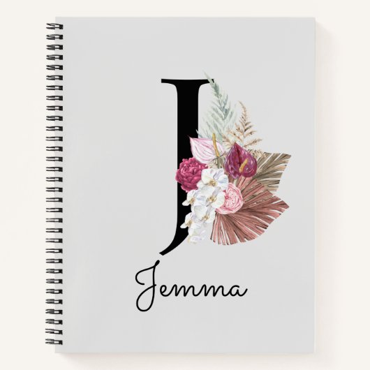 Monogram Roze Boho Girly Floral Initiaal J Notitieboek (Voorkant)