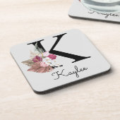Monogram Roze Boho Girly Floral Initiaal K Bier Onderzetter (Linkerzijde)