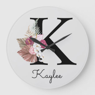 Monogram Roze Boho Girly Floral Initiaal K Grote Klok