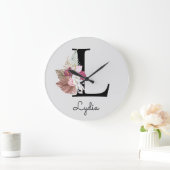 Monogram Roze Boho Girly Floral Initiaal L Grote Klok (Huis)