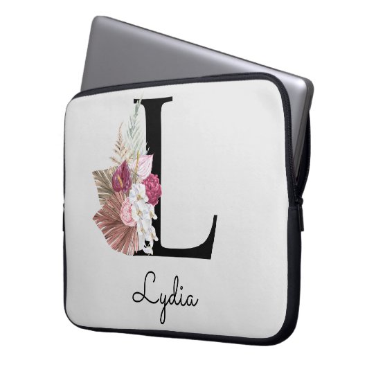 Monogram Roze Boho Girly Floral Initiaal L Laptop Sleeve (Voorkant Links)