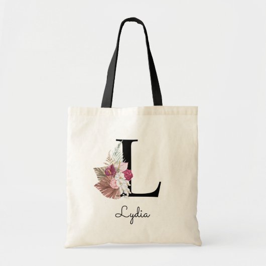 Monogram Roze Boho Girly Floral Initiaal L Tote Bag (Voorkant)