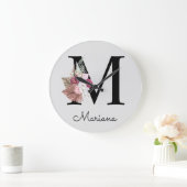 Monogram Roze Boho Girly Floral Initiaal M Grote Klok (Huis)