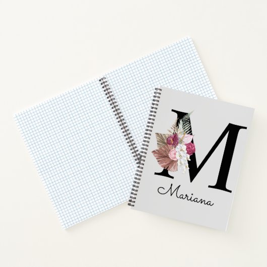 Monogram Roze Boho Girly Floral Initiaal M Notitieboek (Binnen)