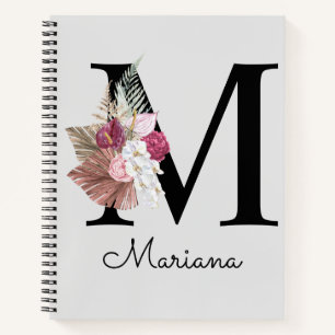 Monogram Roze Boho Girly Floral Initiaal M Notitieboek