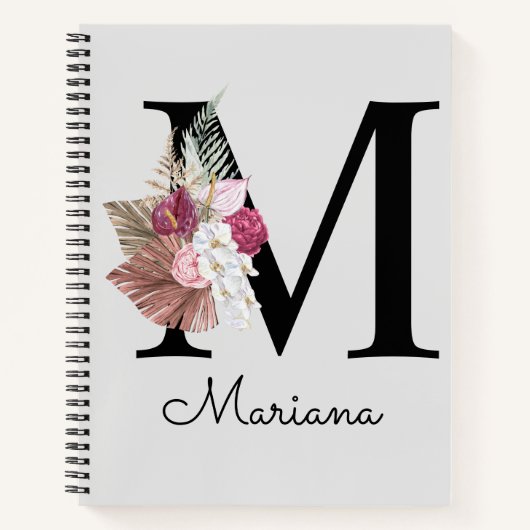 Monogram Roze Boho Girly Floral Initiaal M Notitieboek (Voorkant)