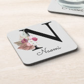 Monogram Roze Boho Girly Floral Initiaal N Bier Onderzetter (Linkerzijde)