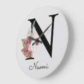 Monogram Roze Boho Girly Floral Initiaal N Grote Klok (Hoek)