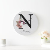 Monogram Roze Boho Girly Floral Initiaal N Grote Klok (Huis)