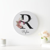 Monogram Roze Boho Girly Floral Initiaal R Grote Klok (Huis)