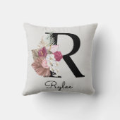 Monogram Roze Boho Girly Floral Initiaal R Kussen (Achterkant)