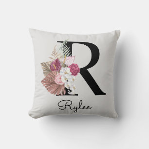 Monogram Roze Boho Girly Floral Initiaal R Kussen