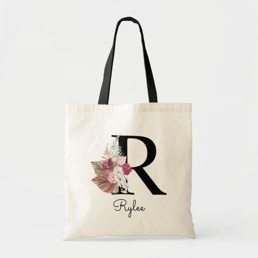 Monogram Roze Boho Girly Floral Initiaal R Tote Bag (Voorkant)