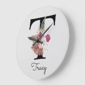 Monogram Roze Boho Girly Floral Initiaal T Grote Klok (Hoek)