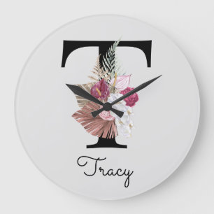 Monogram Roze Boho Girly Floral Initiaal T Grote Klok