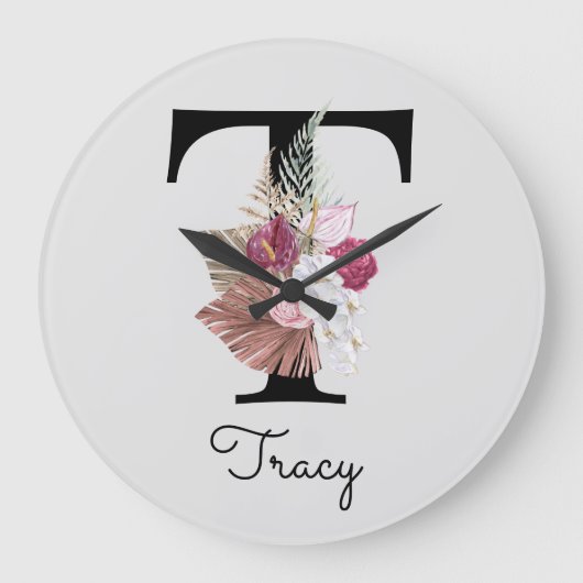 Monogram Roze Boho Girly Floral Initiaal T Grote Klok (Voorkant)