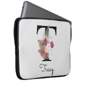 Monogram Roze Boho Girly Floral Initiaal T Laptop Sleeve (Voorkant Rechts)