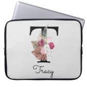 Monogram Roze Boho Girly Floral Initiaal T Laptop Sleeve (Voorkant)