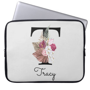 Monogram Roze Boho Girly Floral Initiaal T Laptop Sleeve