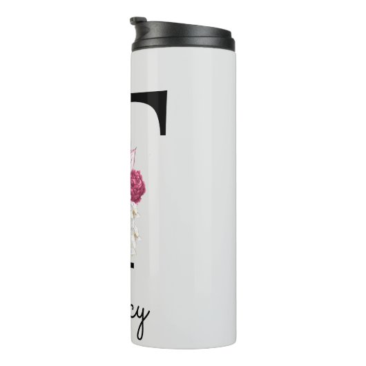 Monogram Roze Boho Girly Floral Initiaal T Thermosbeker (Geroteerd rechts)