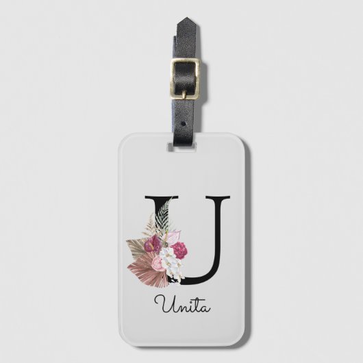 Monogram Roze Boho Girly Floral Initiaal U Bagagelabel (Voorkant (verticaal))