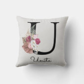 Monogram Roze Boho Girly Floral Initiaal U Kussen (Achterkant)