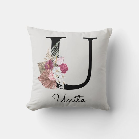 Monogram Roze Boho Girly Floral Initiaal U Kussen (Voorkant)