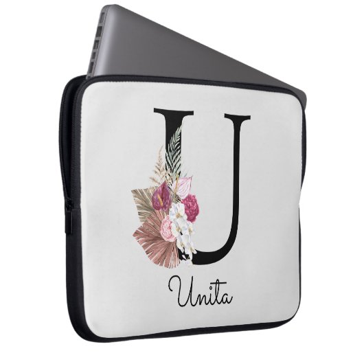 Monogram Roze Boho Girly Floral Initiaal U Laptop Sleeve (Voorkant Rechts)