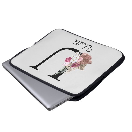 Monogram Roze Boho Girly Floral Initiaal U Laptop Sleeve (Voorkant onderkant)