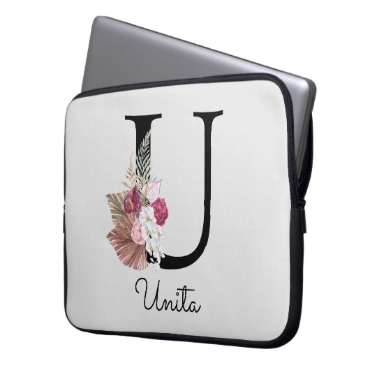 Monogram Roze Boho Girly Floral Initiaal U Laptop Sleeve (Voorkant Links)