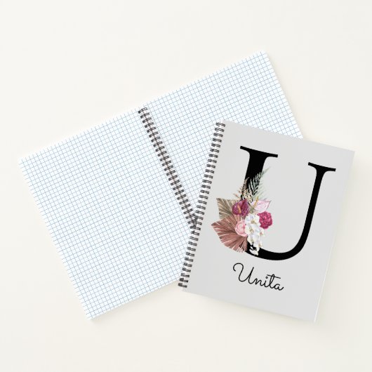 Monogram Roze Boho Girly Floral Initiaal U Notitieboek (Binnen)