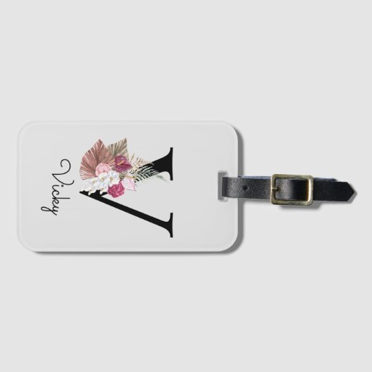 Monogram Roze Boho Girly Floral Initiaal V Bagagelabel (Voorkant (horizontaal))