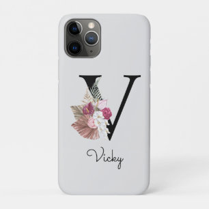 Monogram Roze Boho Girly Floral Initiaal V Case-Mate iPhone Case