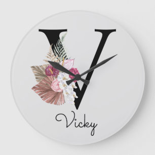 Monogram Roze Boho Girly Floral Initiaal V Grote Klok