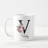 Monogram Roze Boho Girly Floral Initiaal V Koffiemok (Links)