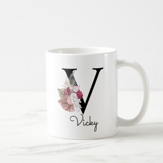Monogram Roze Boho Girly Floral Initiaal V Koffiemok (Rechts)