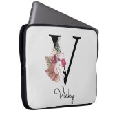 Monogram Roze Boho Girly Floral Initiaal V Laptop Sleeve (Voorkant Rechts)