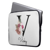 Monogram Roze Boho Girly Floral Initiaal V Laptop Sleeve (Voorkant Links)