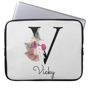Monogram Roze Boho Girly Floral Initiaal V Laptop Sleeve