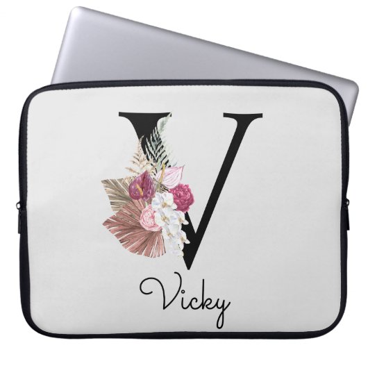 Monogram Roze Boho Girly Floral Initiaal V Laptop Sleeve (Voorkant)