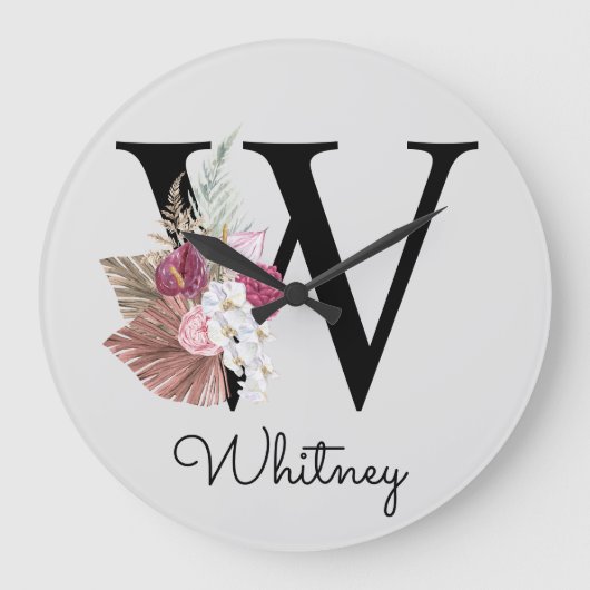 Monogram Roze Boho Girly Floral Initiaal W Grote Klok (Voorkant)
