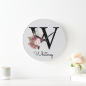 Monogram Roze Boho Girly Floral Initiaal W Grote Klok (Huis)